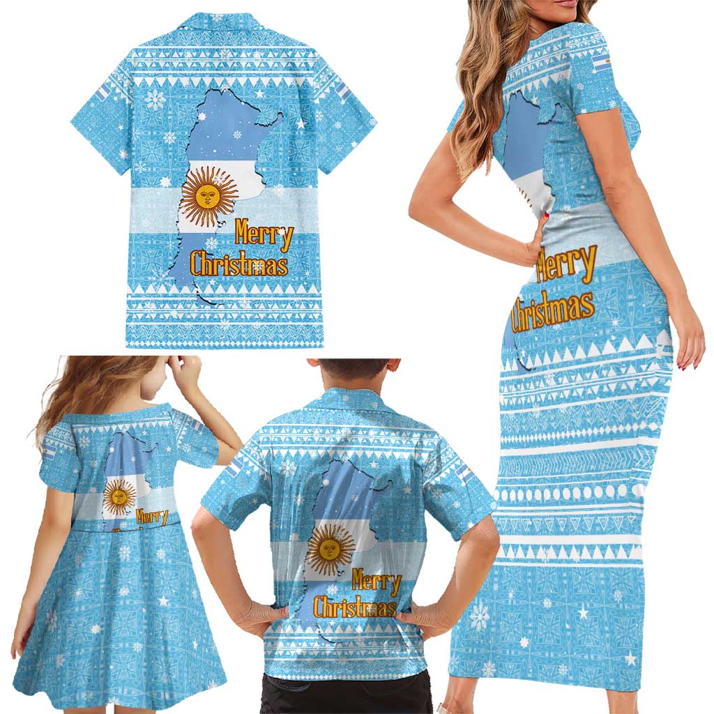Argentina Christmas Family Matching Short Sleeve Bodycon Dress and Hawaiian Shirt with Blue-White Snowflake Pattern, Sun Emblem, and Map Motif - Wonder Print Shop