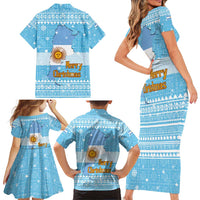 Argentina Christmas Family Matching Short Sleeve Bodycon Dress and Hawaiian Shirt with Blue-White Snowflake Pattern, Sun Emblem, and Map Motif - Wonder Print Shop