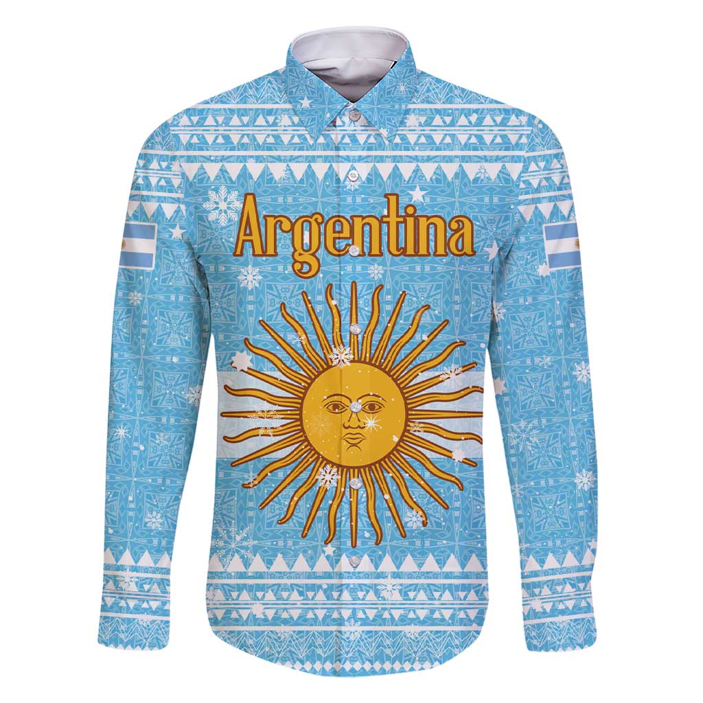 Argentina Christmas Family Matching Short Sleeve Bodycon Dress and Hawaiian Shirt with Blue-White Snowflake Pattern, Sun Emblem, and Map Motif - Wonder Print Shop