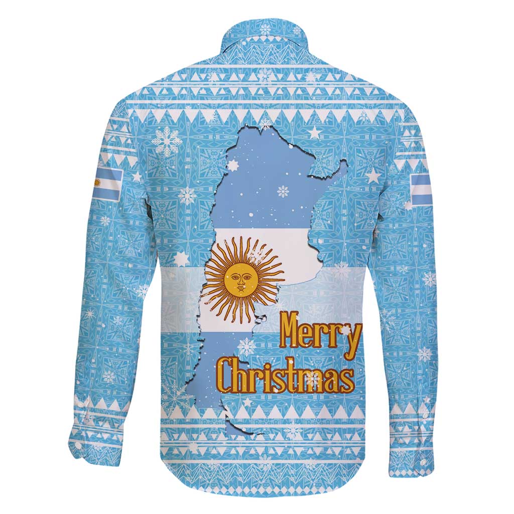 Argentina Christmas Family Matching Short Sleeve Bodycon Dress and Hawaiian Shirt with Blue-White Snowflake Pattern, Sun Emblem, and Map Motif - Wonder Print Shop