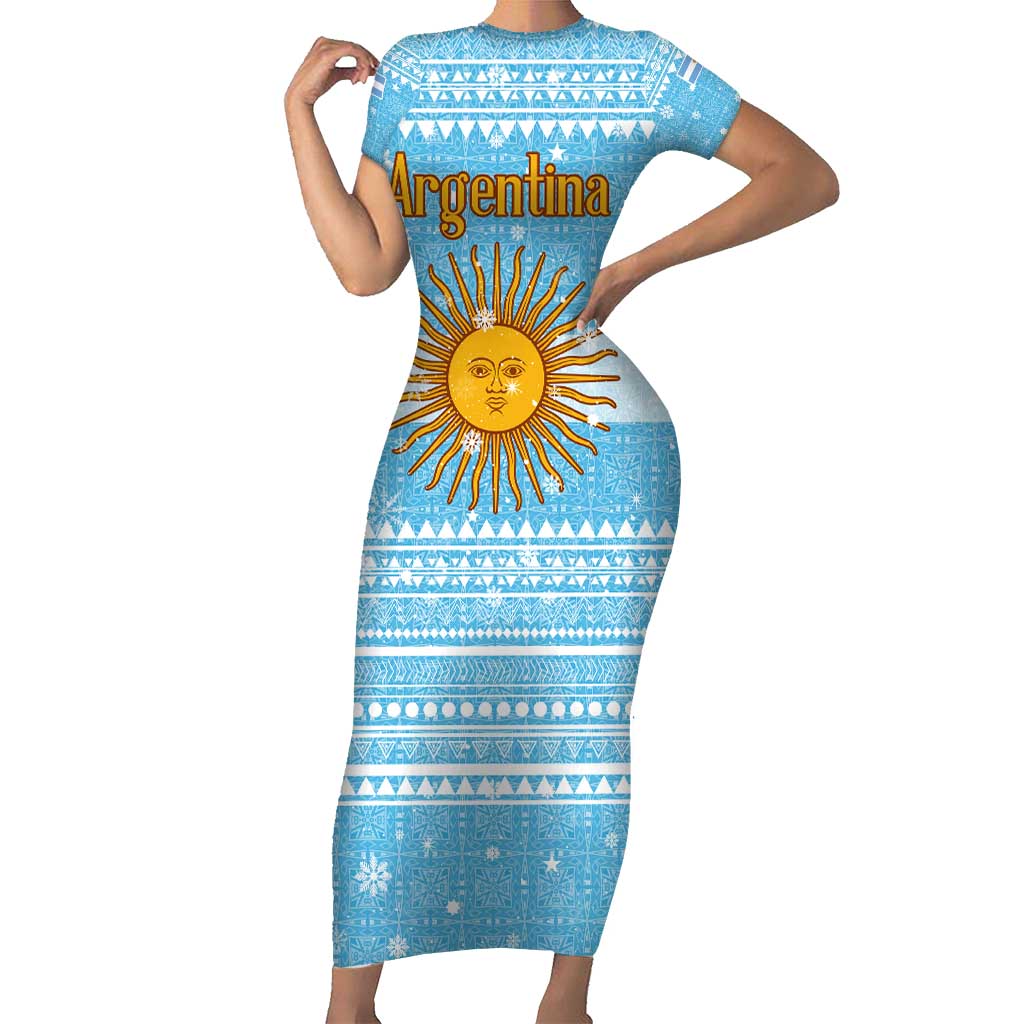 Argentina Christmas Family Matching Short Sleeve Bodycon Dress and Hawaiian Shirt with Blue-White Snowflake Pattern, Sun Emblem, and Map Motif - Wonder Print Shop