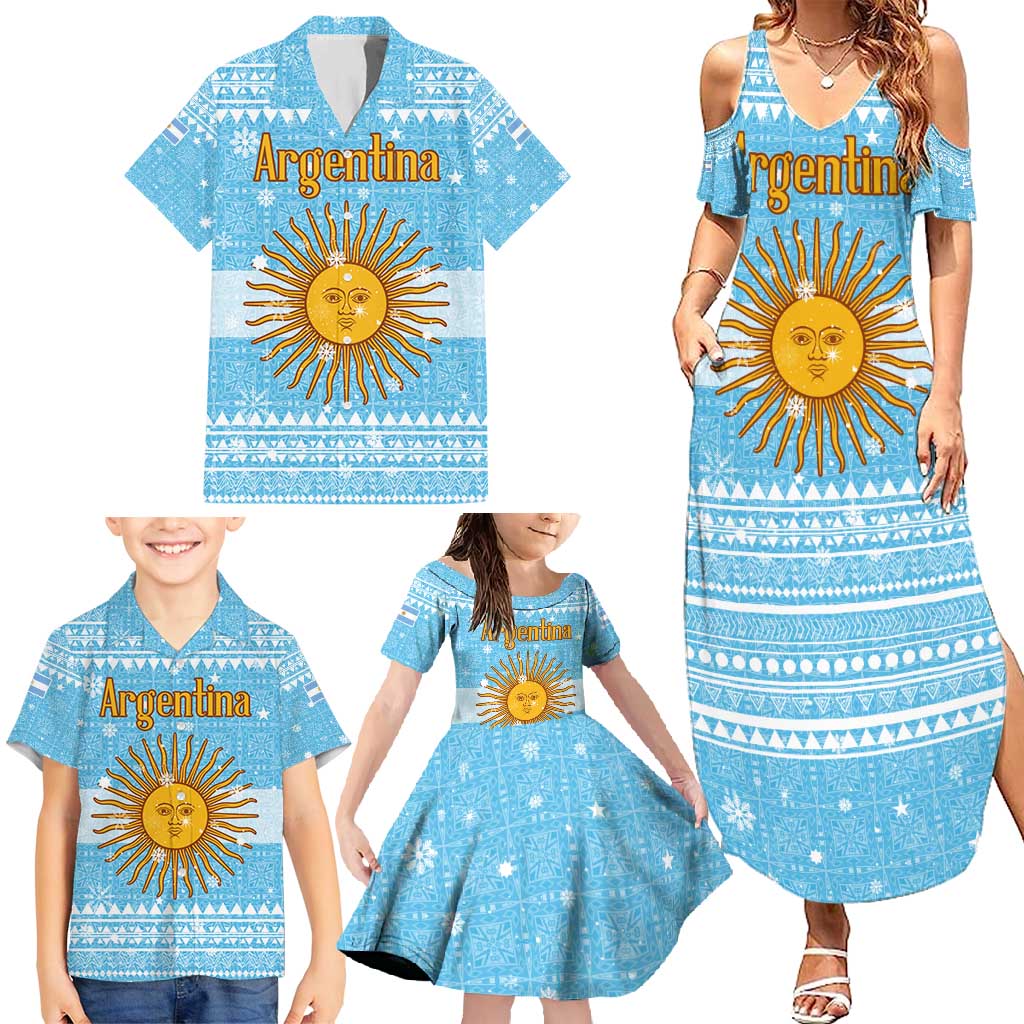 Argentina Christmas Family Matching Summer Maxi Dress and Hawaiian Shirt with Blue-White Snowflake Pattern, Sun Emblem, and Map Motif - Wonder Print Shop