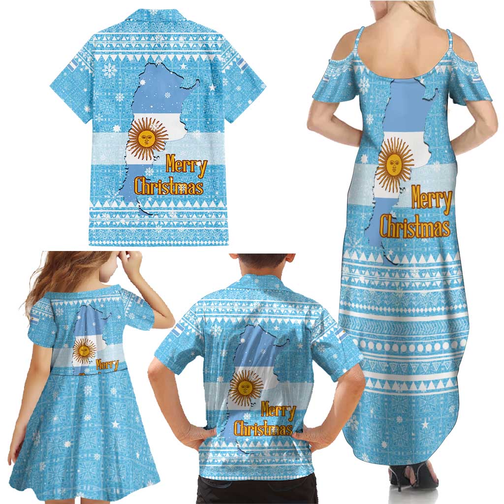 Argentina Christmas Family Matching Summer Maxi Dress and Hawaiian Shirt with Blue-White Snowflake Pattern, Sun Emblem, and Map Motif - Wonder Print Shop