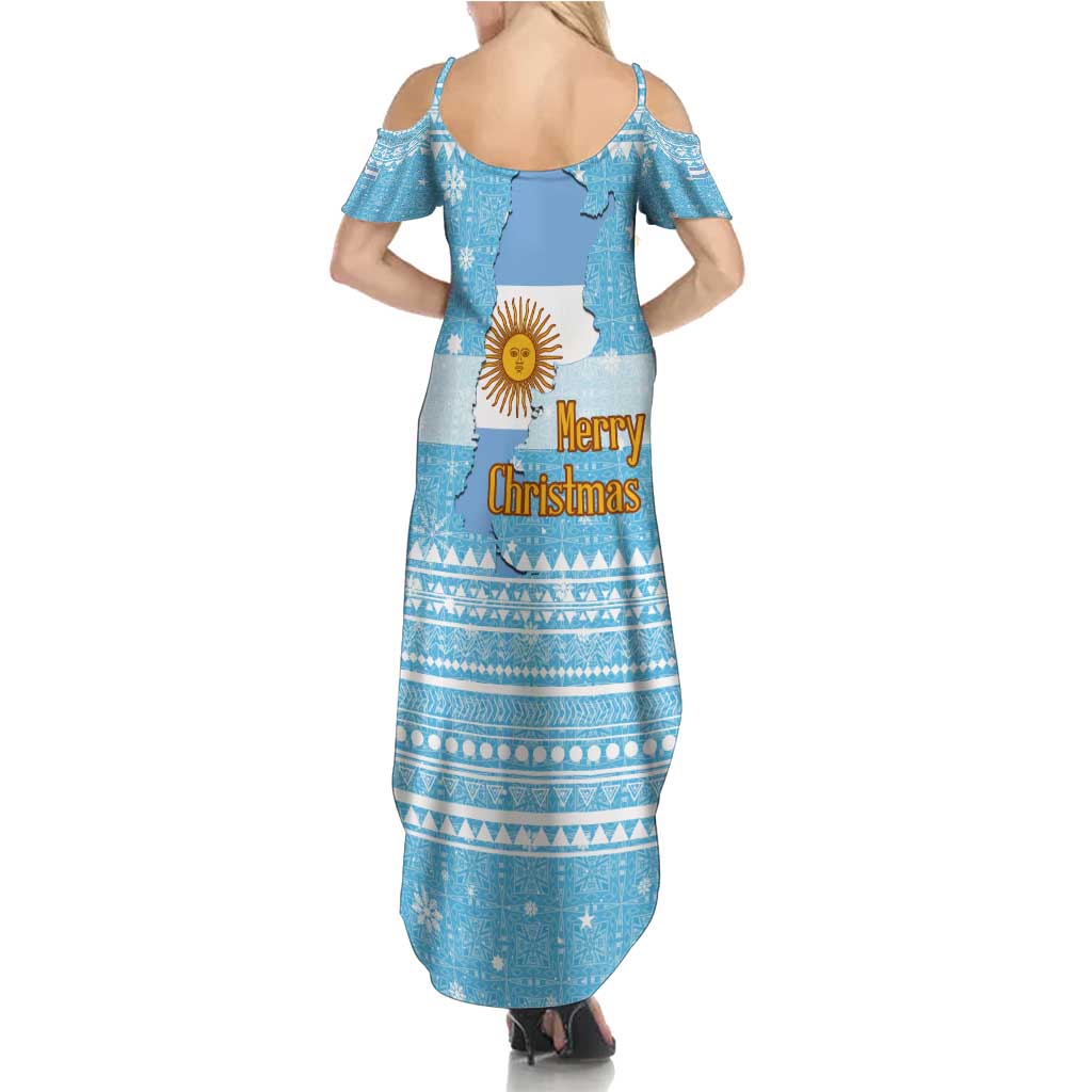 Argentina Christmas Family Matching Summer Maxi Dress and Hawaiian Shirt with Blue-White Snowflake Pattern, Sun Emblem, and Map Motif - Wonder Print Shop