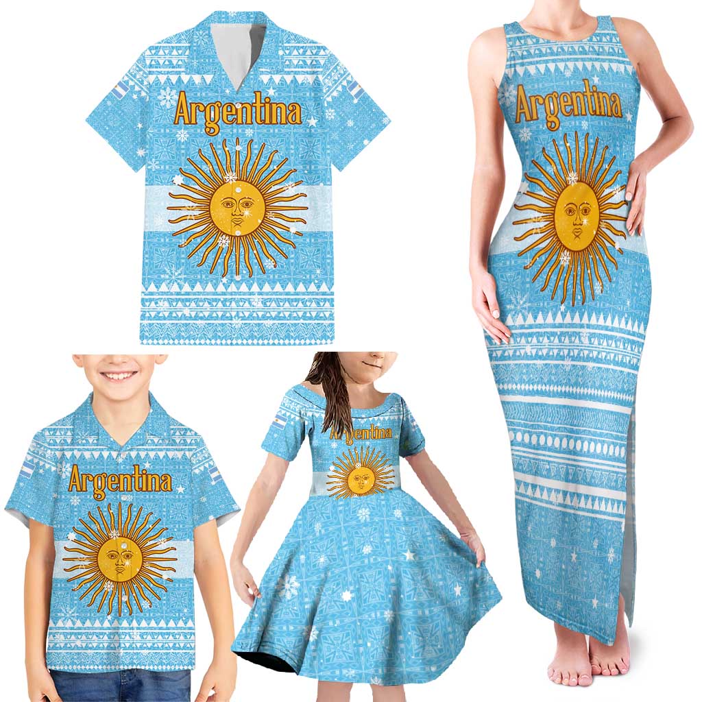 Argentina Christmas Family Matching Tank Maxi Dress and Hawaiian Shirt with Blue-White Snowflake Pattern, Sun Emblem, and Map Motif - Wonder Print Shop