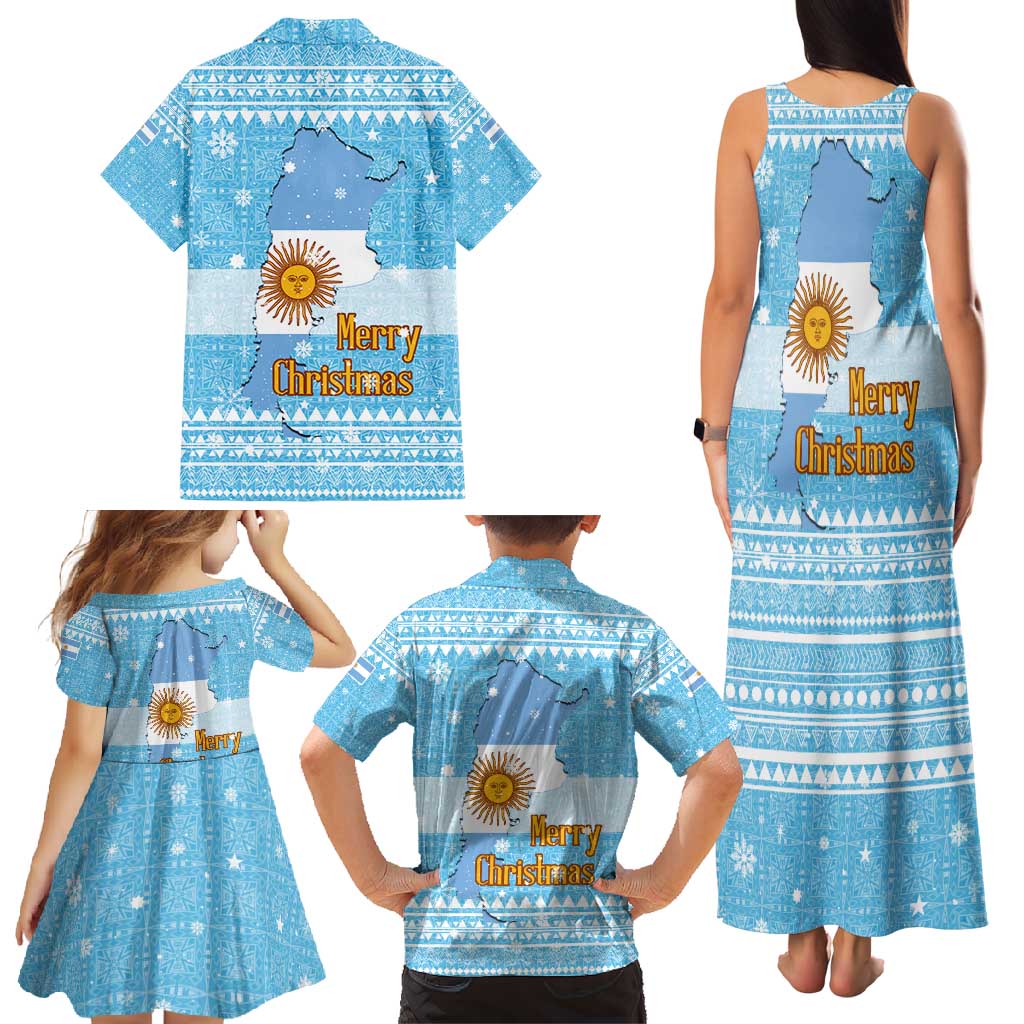 Argentina Christmas Family Matching Tank Maxi Dress and Hawaiian Shirt with Blue-White Snowflake Pattern, Sun Emblem, and Map Motif - Wonder Print Shop