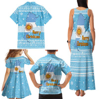 Argentina Christmas Family Matching Tank Maxi Dress and Hawaiian Shirt with Blue-White Snowflake Pattern, Sun Emblem, and Map Motif - Wonder Print Shop