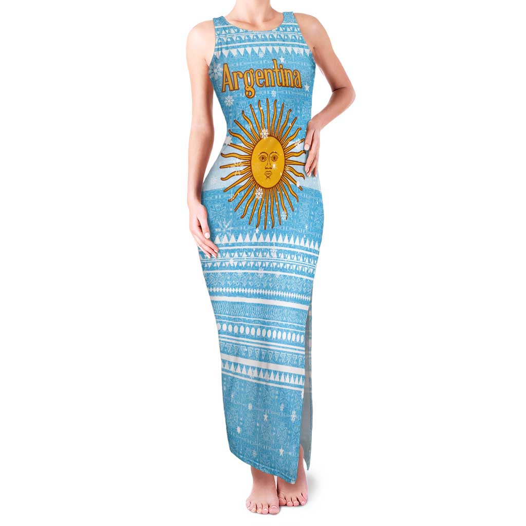 Argentina Christmas Family Matching Tank Maxi Dress and Hawaiian Shirt with Blue-White Snowflake Pattern, Sun Emblem, and Map Motif - Wonder Print Shop