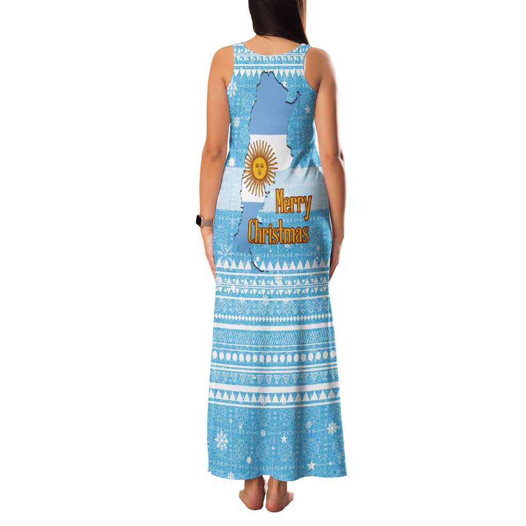 Argentina Christmas Family Matching Tank Maxi Dress and Hawaiian Shirt with Blue-White Snowflake Pattern, Sun Emblem, and Map Motif - Wonder Print Shop