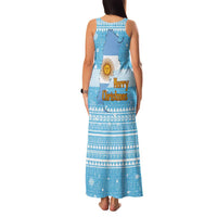 Argentina Christmas Family Matching Tank Maxi Dress and Hawaiian Shirt with Blue-White Snowflake Pattern, Sun Emblem, and Map Motif - Wonder Print Shop