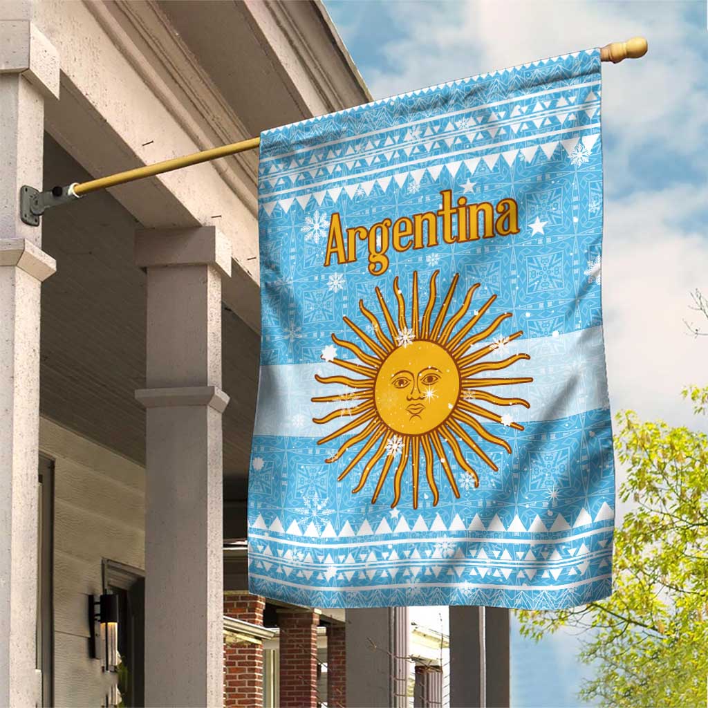 Argentina Christmas Garden Flag with Blue-White Snowflake Pattern, Sun Emblem, and Map Motif - Wonder Print Shop
