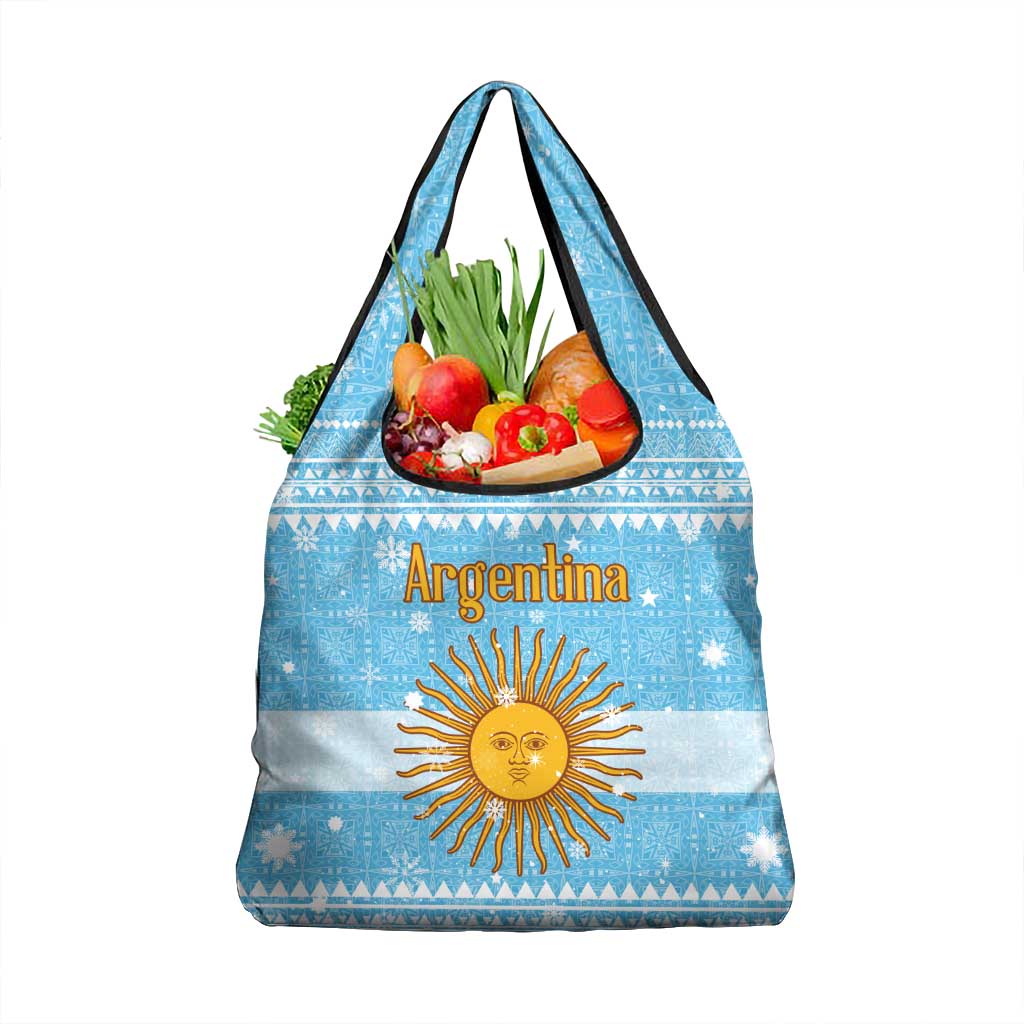Argentina Christmas Grocery Bag with Blue-White Snowflake Pattern, Sun Emblem, and Map Motif - Wonder Print Shop