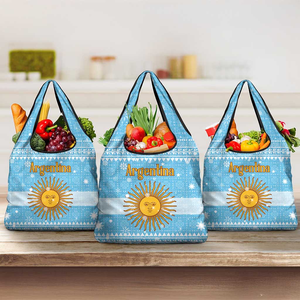 Argentina Christmas Grocery Bag with Blue-White Snowflake Pattern, Sun Emblem, and Map Motif - Wonder Print Shop