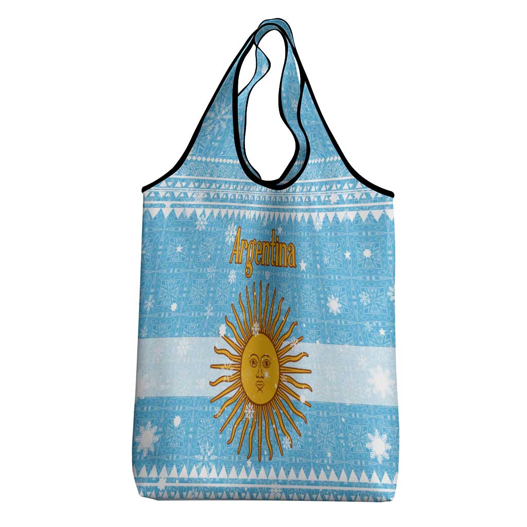 Argentina Christmas Grocery Bag with Blue-White Snowflake Pattern, Sun Emblem, and Map Motif - Wonder Print Shop