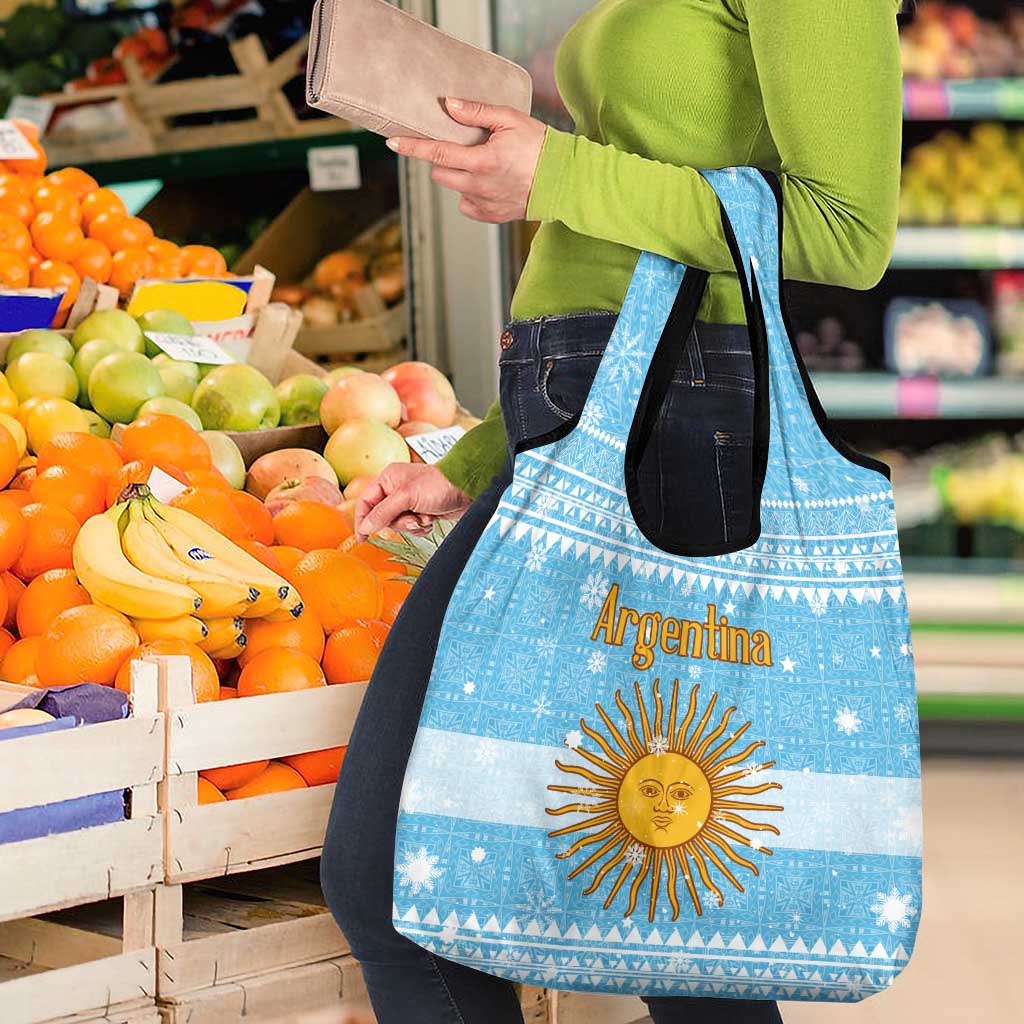 Argentina Christmas Grocery Bag with Blue-White Snowflake Pattern, Sun Emblem, and Map Motif - Wonder Print Shop