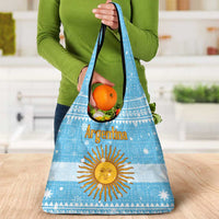 Argentina Christmas Grocery Bag with Blue-White Snowflake Pattern, Sun Emblem, and Map Motif - Wonder Print Shop