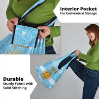 Argentina Christmas Grocery Bag with Blue-White Snowflake Pattern, Sun Emblem, and Map Motif - Wonder Print Shop