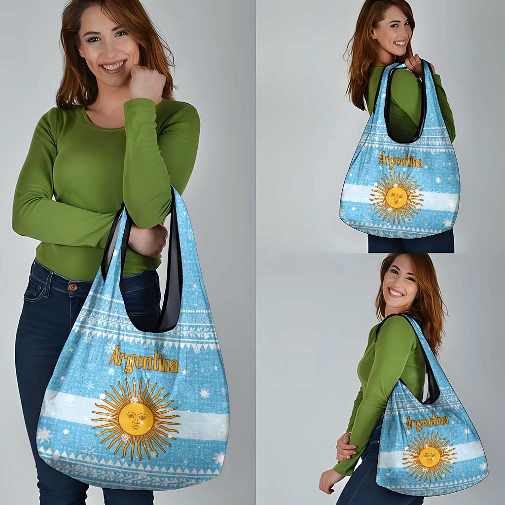 Argentina Christmas Grocery Bag with Blue-White Snowflake Pattern, Sun Emblem, and Map Motif - Wonder Print Shop
