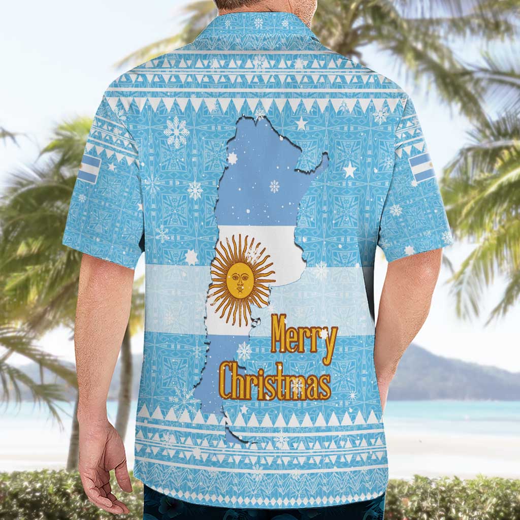 Argentina Christmas Hawaiian Shirt with Blue-White Snowflake Pattern, Sun Emblem, and Map Motif - Wonder Print Shop