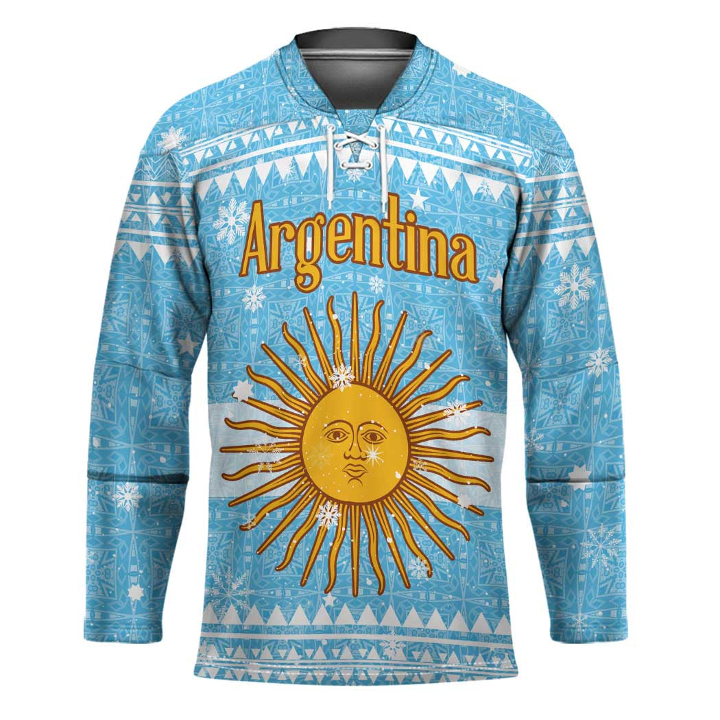 Argentina Christmas Hockey Jersey with Blue-White Snowflake Pattern, Sun Emblem, and Map Motif - Wonder Print Shop