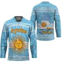Argentina Christmas Hockey Jersey with Blue-White Snowflake Pattern, Sun Emblem, and Map Motif - Wonder Print Shop