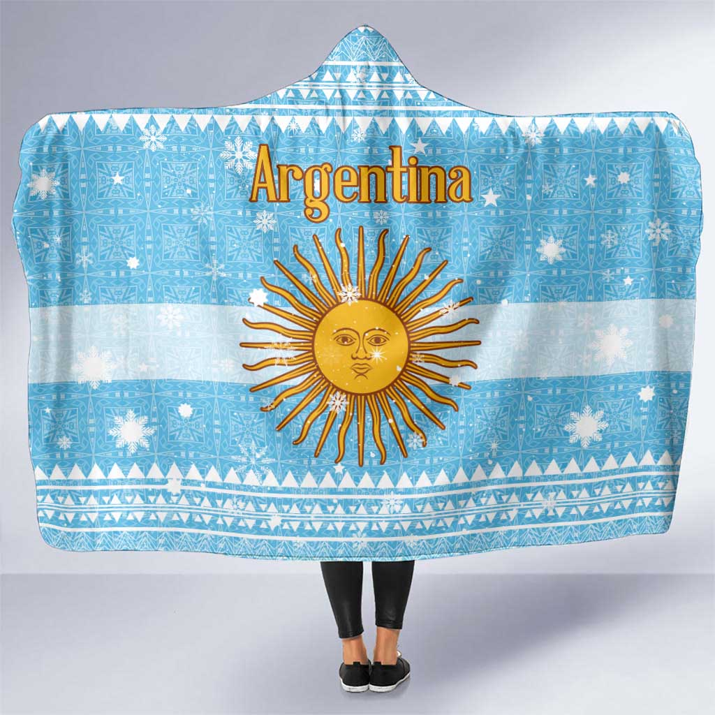 Argentina Christmas Hooded Blanket with Blue-White Snowflake Pattern, Sun Emblem, and Map Motif - Wonder Print Shop