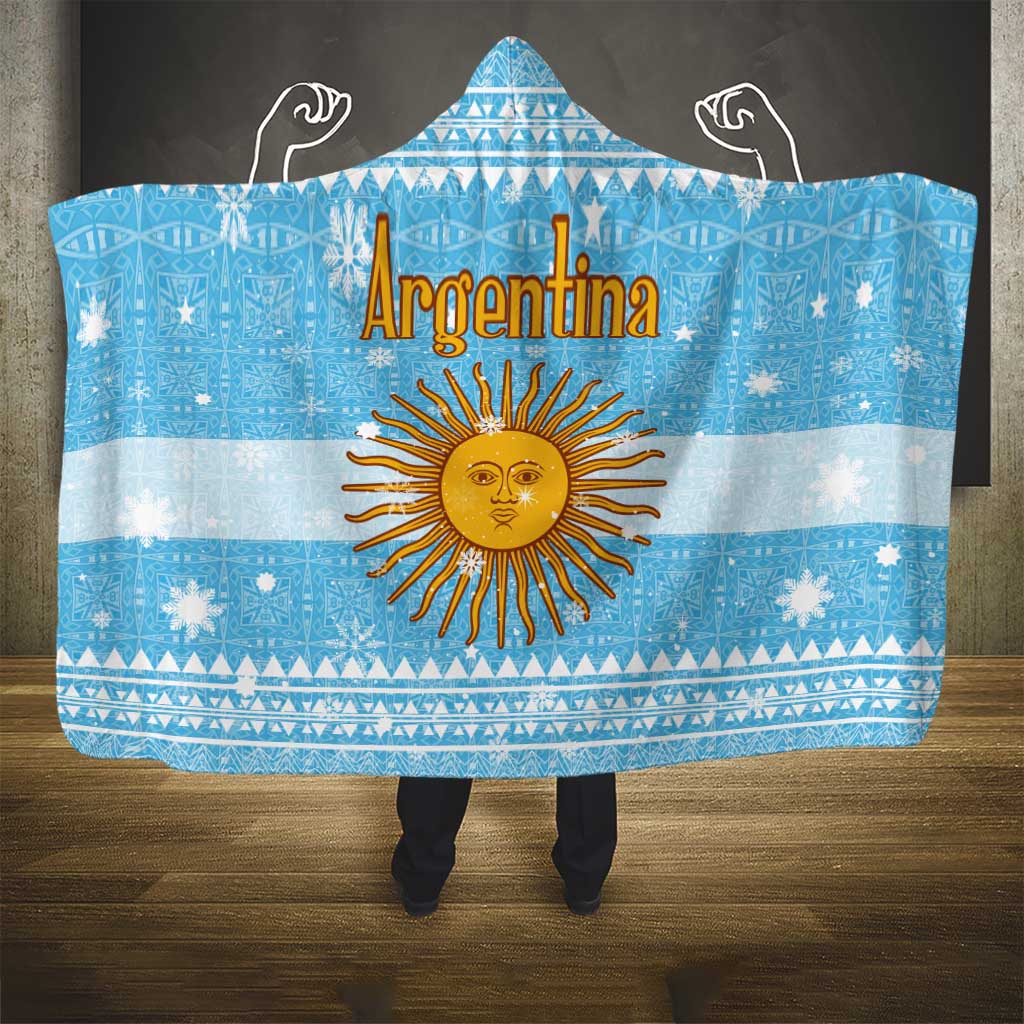 Argentina Christmas Hooded Blanket with Blue-White Snowflake Pattern, Sun Emblem, and Map Motif - Wonder Print Shop