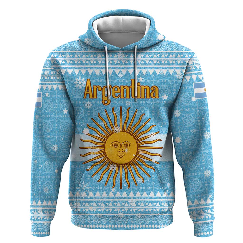 Argentina Christmas Hoodie with Blue-White Snowflake Pattern, Sun Emblem, and Map Motif - Wonder Print Shop