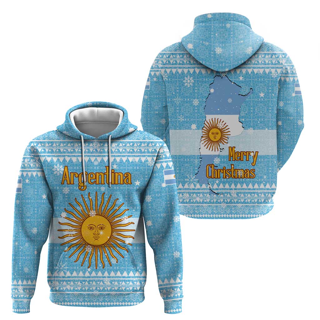 Argentina Christmas Hoodie with Blue-White Snowflake Pattern, Sun Emblem, and Map Motif - Wonder Print Shop