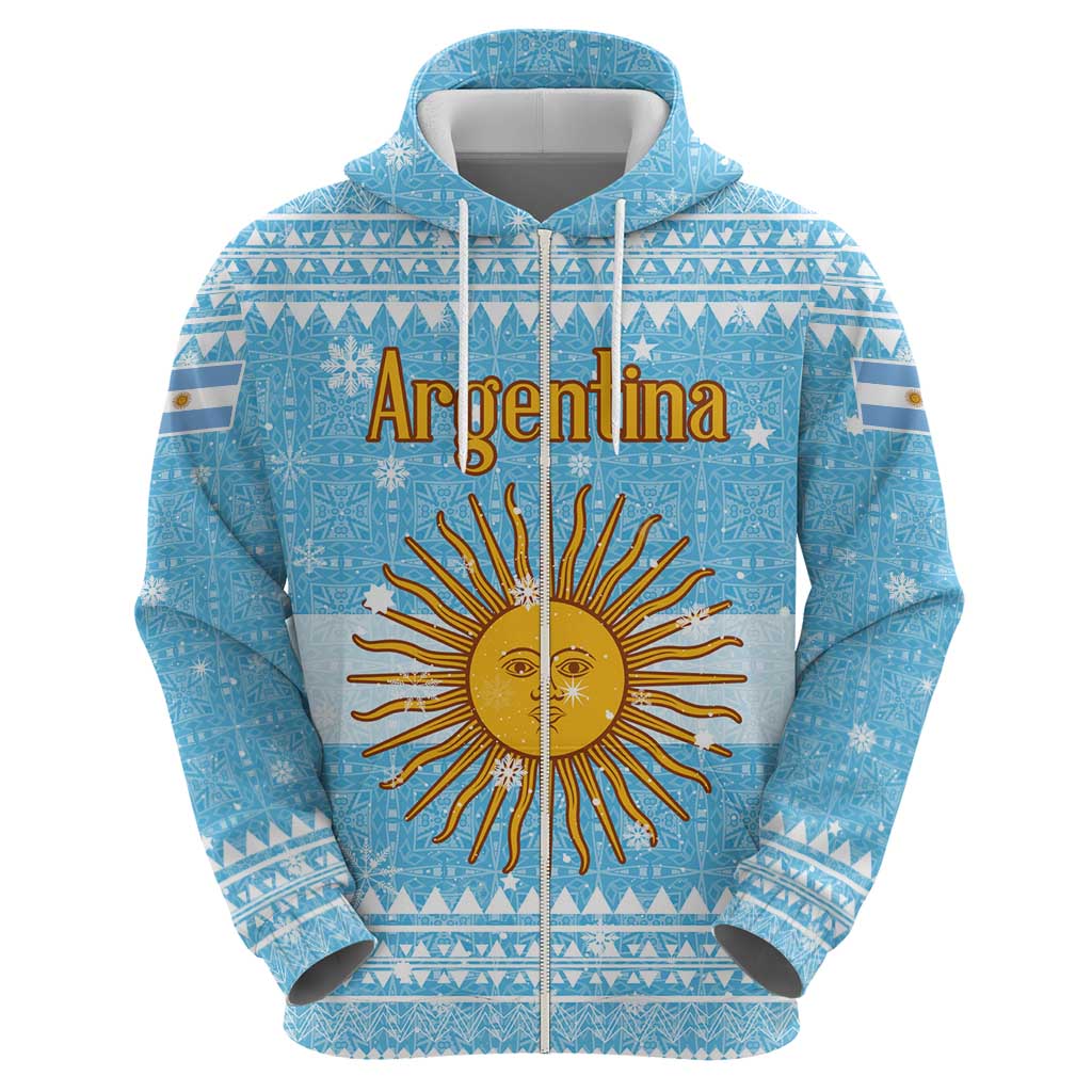 Argentina Christmas Hoodie with Blue-White Snowflake Pattern, Sun Emblem, and Map Motif - Wonder Print Shop