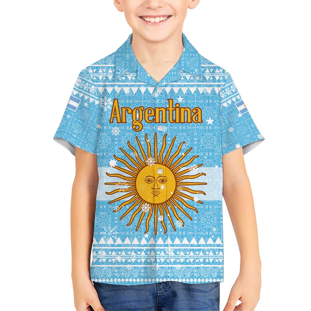 Argentina Christmas Kid Hawaiian Shirt with Blue-White Snowflake Pattern, Sun Emblem, and Map Motif - Wonder Print Shop