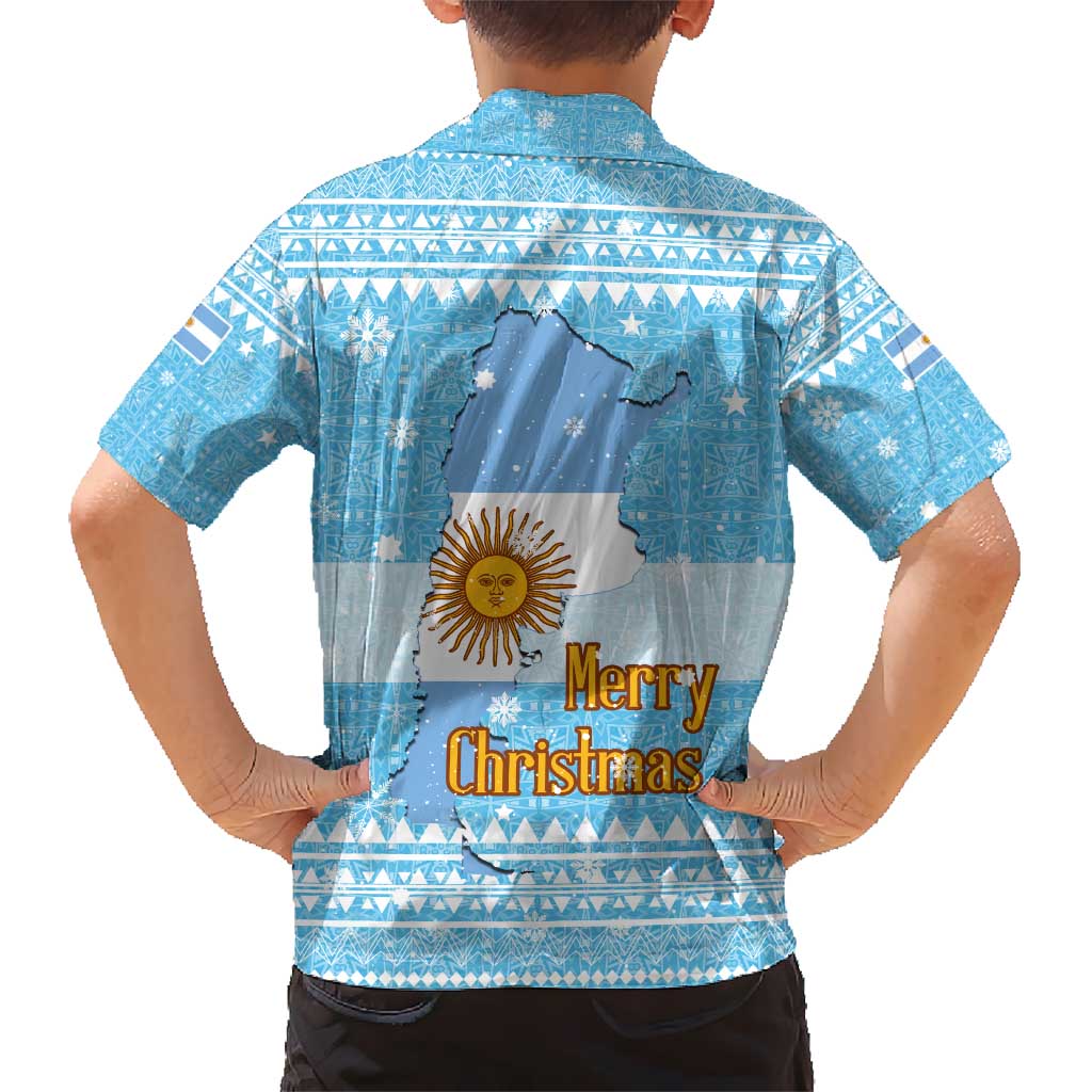 Argentina Christmas Kid Hawaiian Shirt with Blue-White Snowflake Pattern, Sun Emblem, and Map Motif - Wonder Print Shop