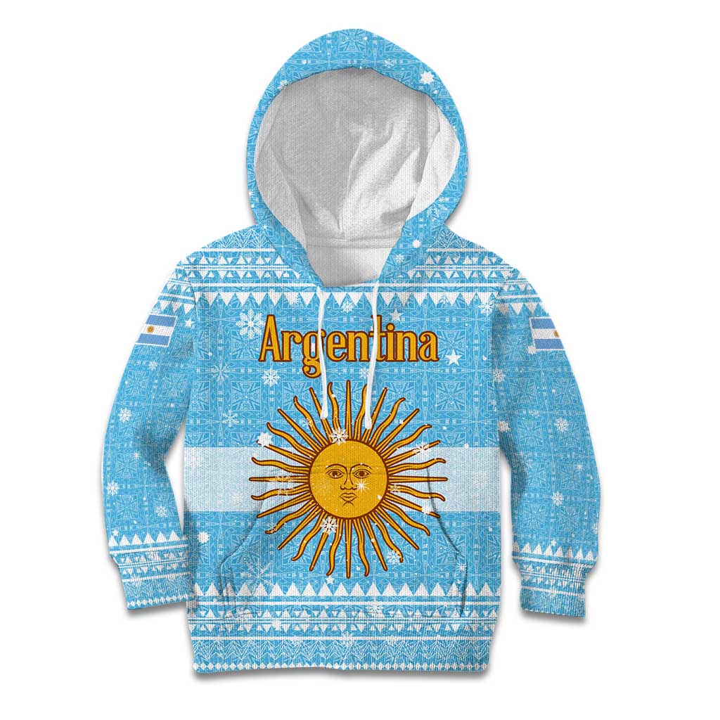 Argentina Christmas Kid Hoodie with Blue-White Snowflake Pattern, Sun Emblem, and Map Motif - Wonder Print Shop