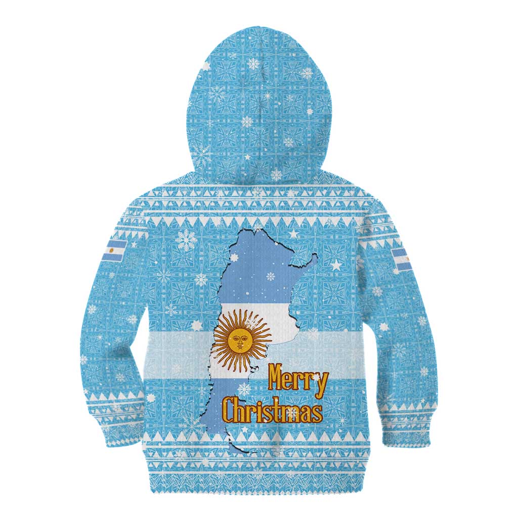 Argentina Christmas Kid Hoodie with Blue-White Snowflake Pattern, Sun Emblem, and Map Motif - Wonder Print Shop