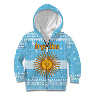 Argentina Christmas Kid Hoodie with Blue-White Snowflake Pattern, Sun Emblem, and Map Motif - Wonder Print Shop