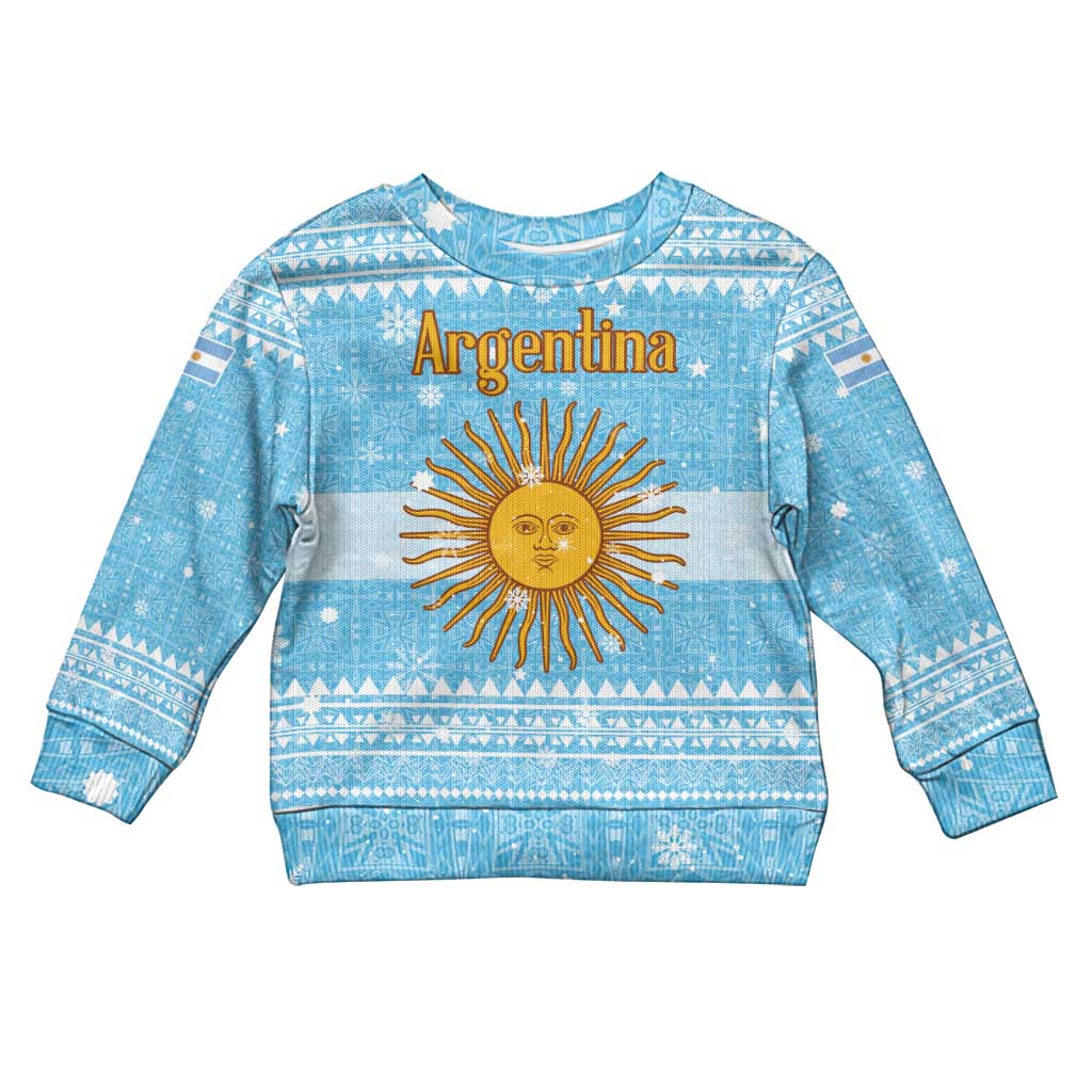 Argentina Christmas Kid Ugly Christmas Sweater with Blue-White Snowflake Pattern, Sun Emblem, and Map Motif - Wonder Print Shop