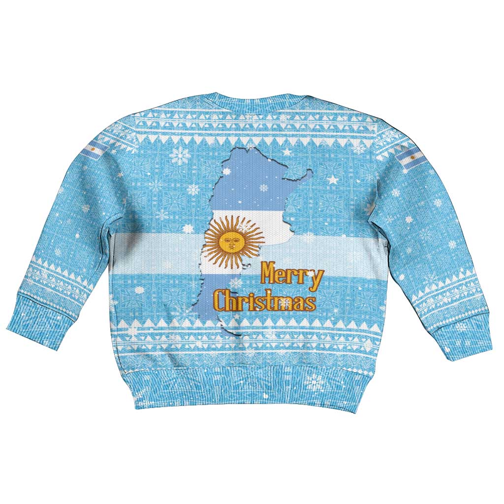 Argentina Christmas Kid Ugly Christmas Sweater with Blue-White Snowflake Pattern, Sun Emblem, and Map Motif - Wonder Print Shop