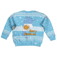 Argentina Christmas Kid Ugly Christmas Sweater with Blue-White Snowflake Pattern, Sun Emblem, and Map Motif - Wonder Print Shop