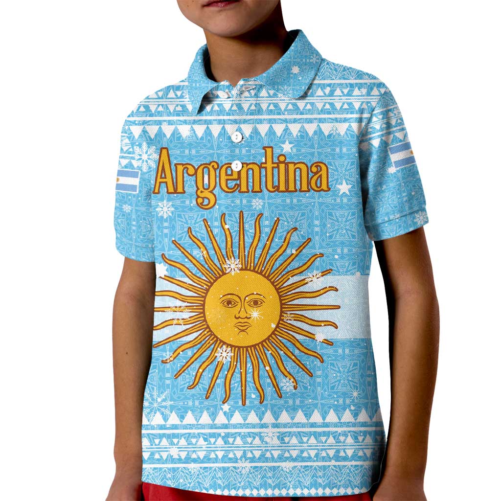 Argentina Christmas Kid Polo Shirt with Blue-White Snowflake Pattern, Sun Emblem, and Map Motif - Wonder Print Shop