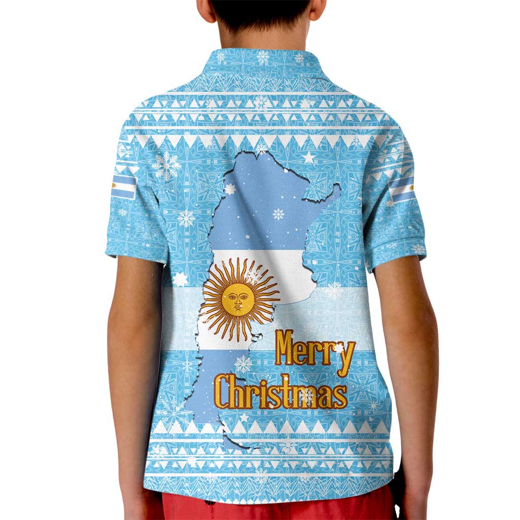 Argentina Christmas Kid Polo Shirt with Blue-White Snowflake Pattern, Sun Emblem, and Map Motif - Wonder Print Shop