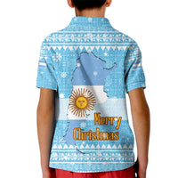 Argentina Christmas Kid Polo Shirt with Blue-White Snowflake Pattern, Sun Emblem, and Map Motif - Wonder Print Shop