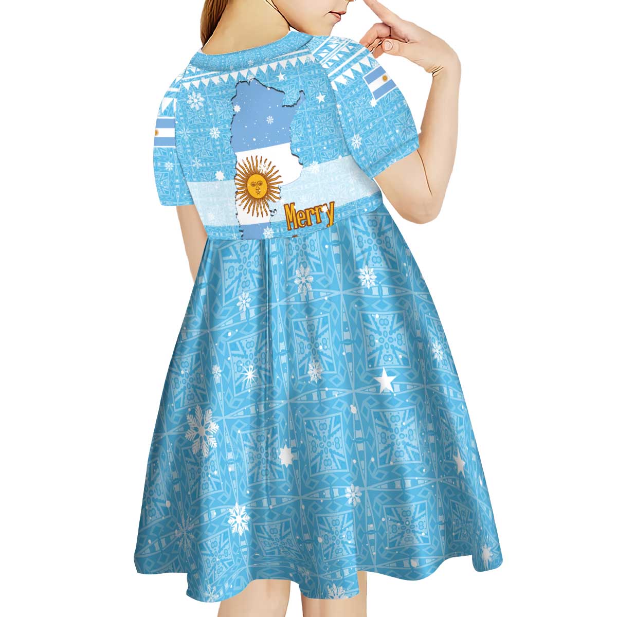 Argentina Christmas Kid Short Sleeve Dress with Blue-White Snowflake Pattern, Sun Emblem, and Map Motif - Wonder Print Shop