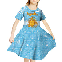 Argentina Christmas Kid Short Sleeve Dress with Blue-White Snowflake Pattern, Sun Emblem, and Map Motif - Wonder Print Shop