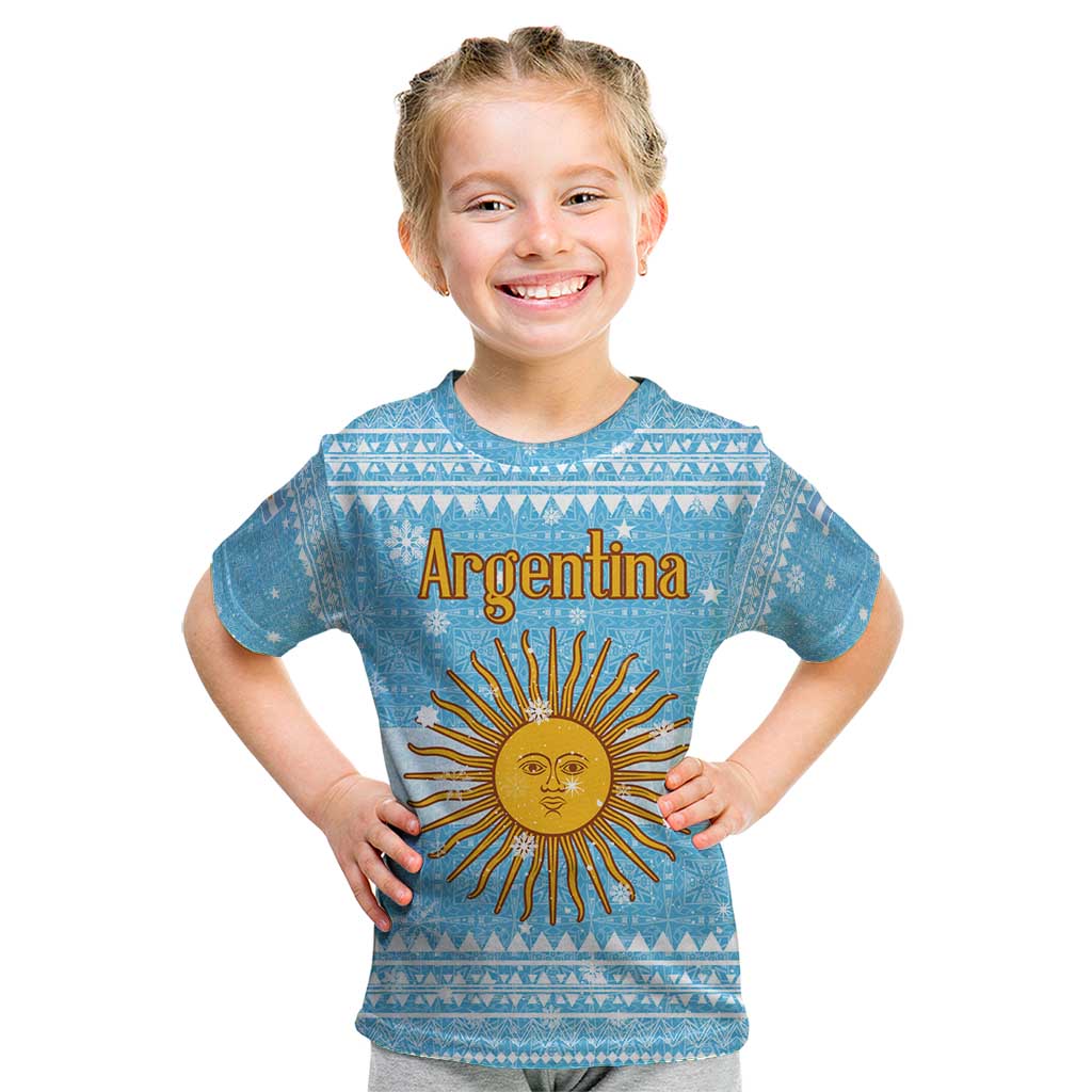 Argentina Christmas Kid T Shirt with Blue-White Snowflake Pattern, Sun Emblem, and Map Motif - Wonder Print Shop
