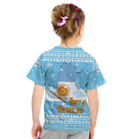 Argentina Christmas Kid T Shirt with Blue-White Snowflake Pattern, Sun Emblem, and Map Motif - Wonder Print Shop