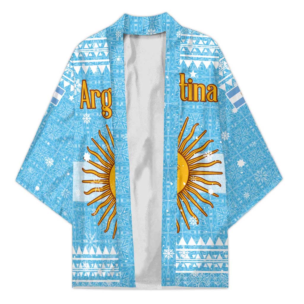 Argentina Christmas Kimono with Blue-White Snowflake Pattern, Sun Emblem, and Map Motif - Wonder Print Shop