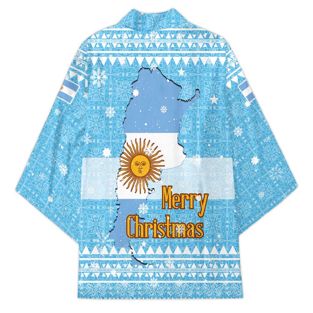 Argentina Christmas Kimono with Blue-White Snowflake Pattern, Sun Emblem, and Map Motif - Wonder Print Shop