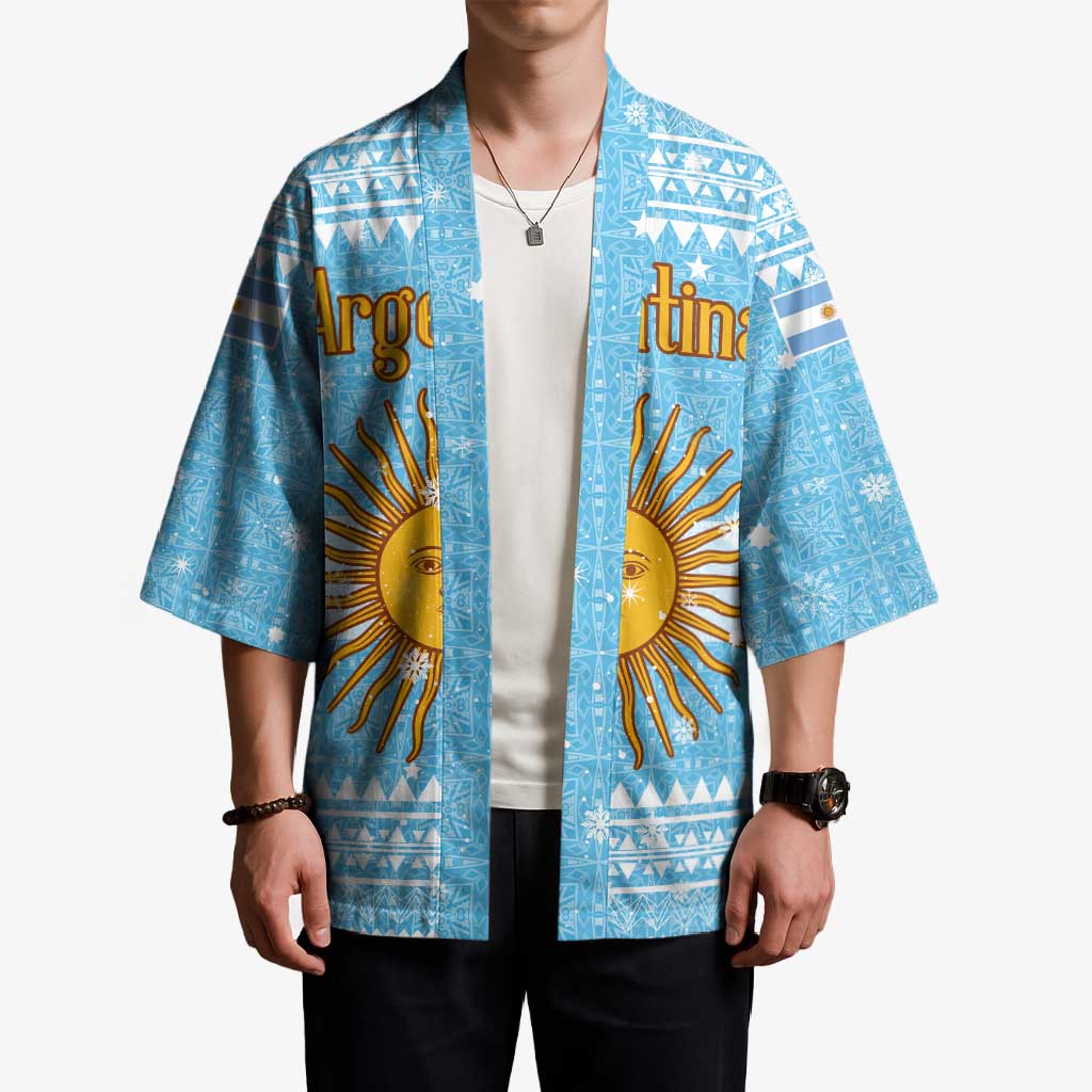 Argentina Christmas Kimono with Blue-White Snowflake Pattern, Sun Emblem, and Map Motif - Wonder Print Shop