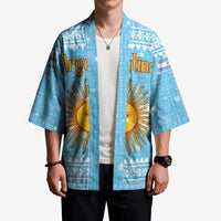 Argentina Christmas Kimono with Blue-White Snowflake Pattern, Sun Emblem, and Map Motif - Wonder Print Shop