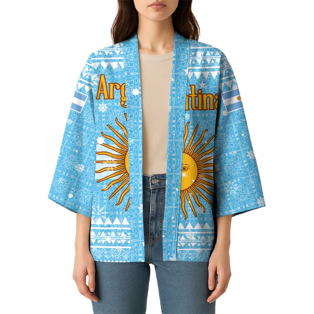 Argentina Christmas Kimono with Blue-White Snowflake Pattern, Sun Emblem, and Map Motif - Wonder Print Shop